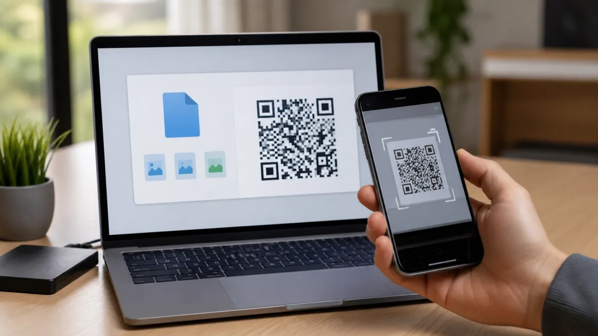 Телефон подключается к ноутбуку по QR-коду для передачи файла без USB-кабеля.