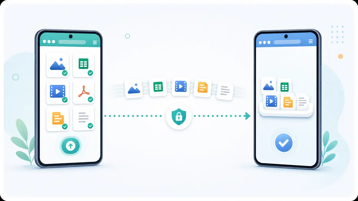 Два смартфона передают файлы напрямую между мобильными браузерами.
