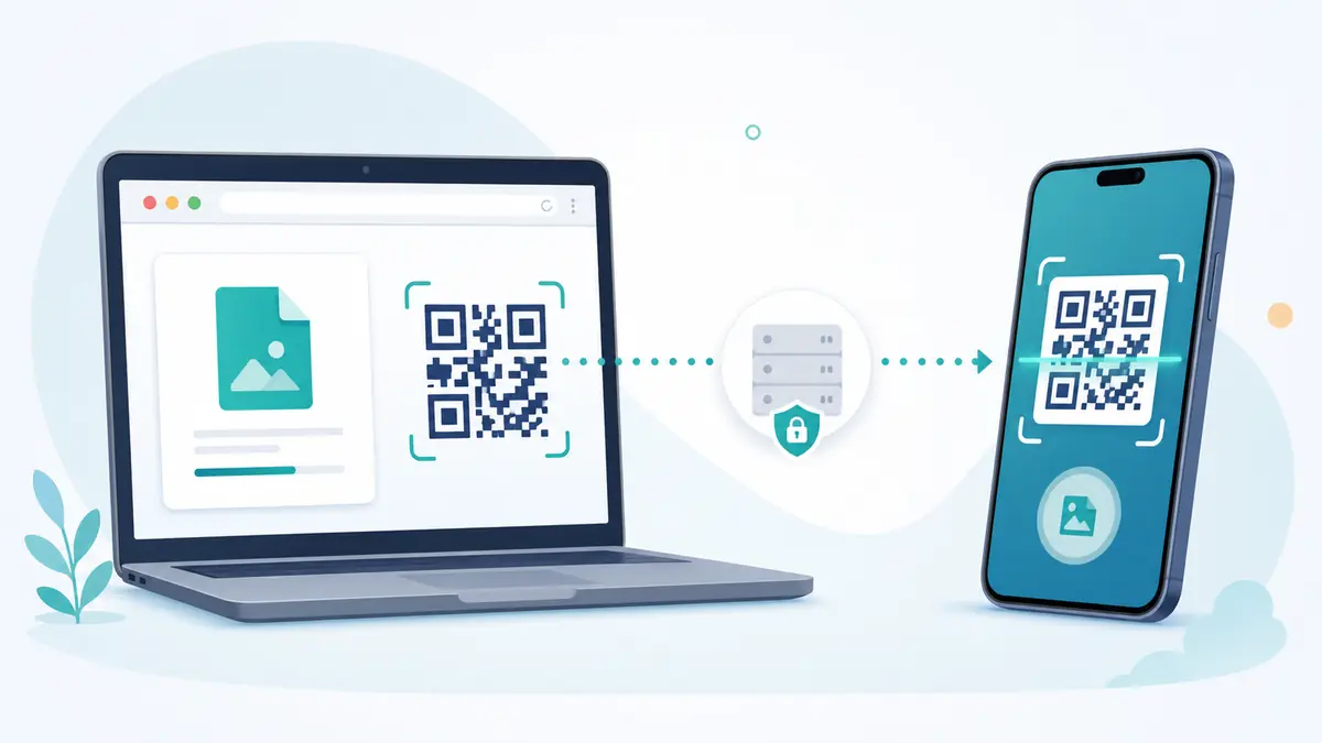 Ноутбук показывает QR-код, а телефон сканирует его для передачи файла между браузерами.
