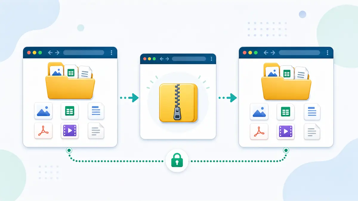 Папка упаковывается в ZIP в браузере и передаётся на другой браузер как один пакет.